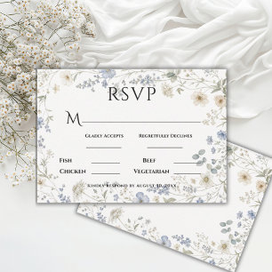Blue Simple Wildflowers Vintage Wedding RSVP Card