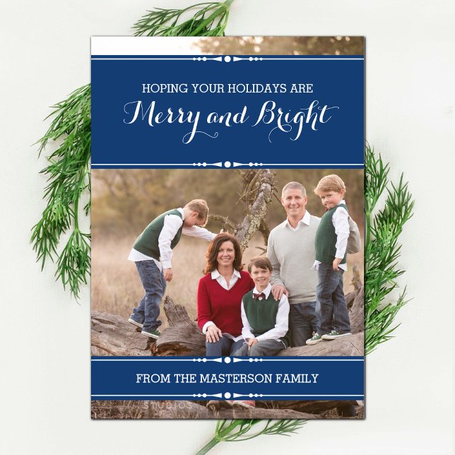 Blue Simply Chic Holiday Photo Flat Card (Blue Simply Chic Holiday Photo Card)