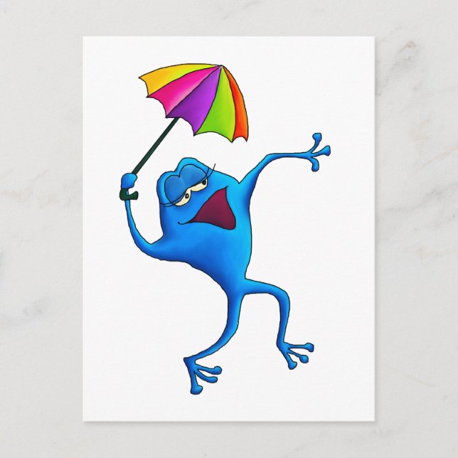 Blue Singing Frog with Umbrella Postcard (Front)