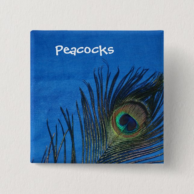 Blue Single Peacock Feather 15 Cm Square Badge (Front)