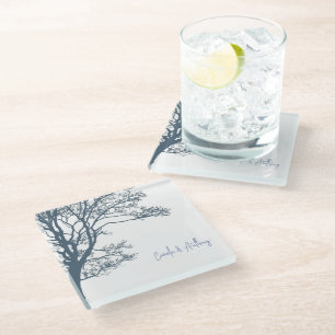 Blue Single Tree Boho Wedding Glass Coaster