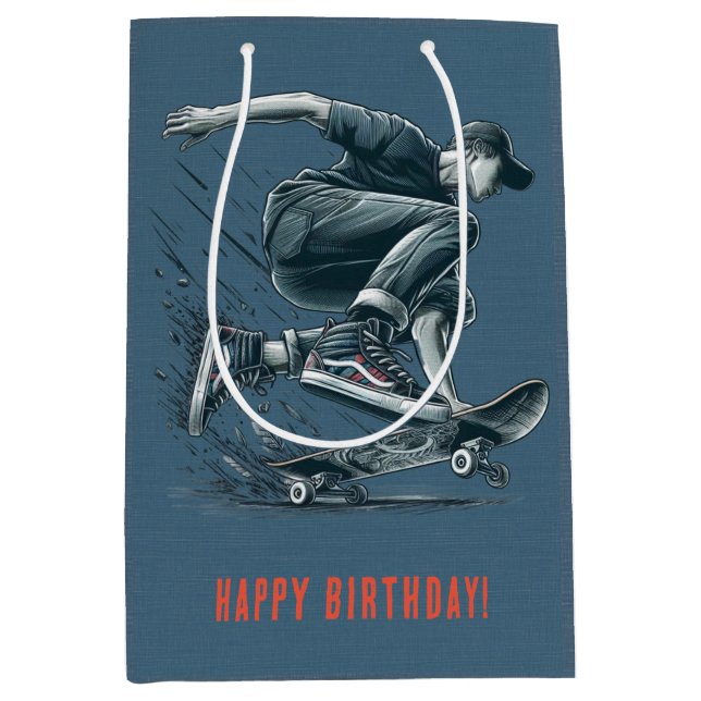 Blue Skateboarder Burnt Orange Happy Birthday Boy Medium Gift Bag (Front)