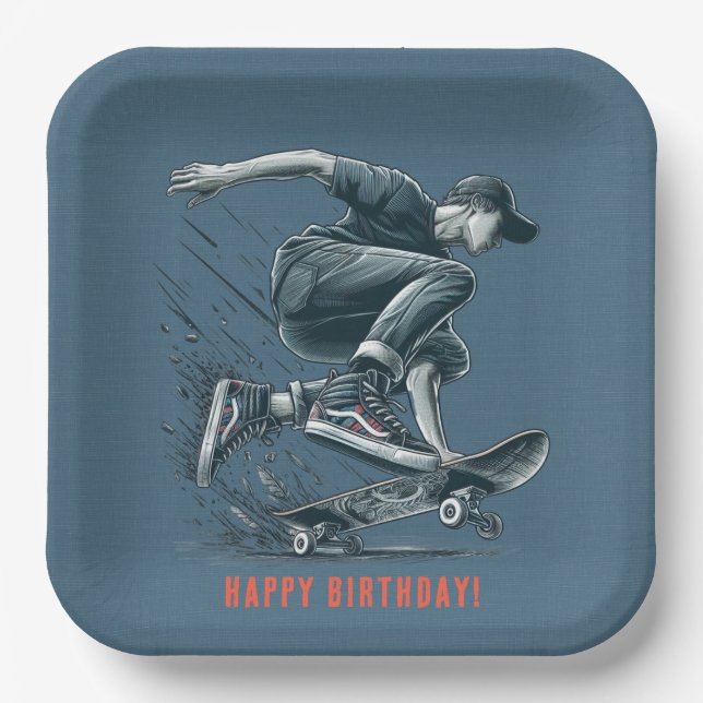 Blue Skateboarder Burnt Orange Happy Birthday Boy Paper Plate (Front)