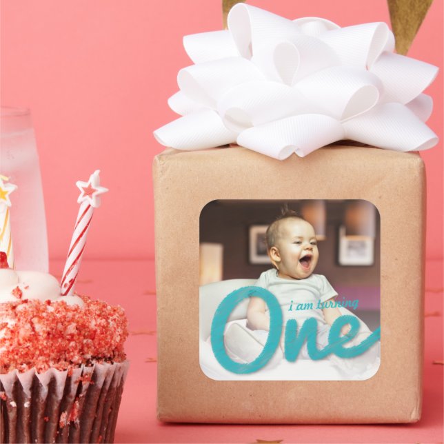 Blue Sketch One Boy Photo 1st Birthday Party Favou Square Sticker (Party)