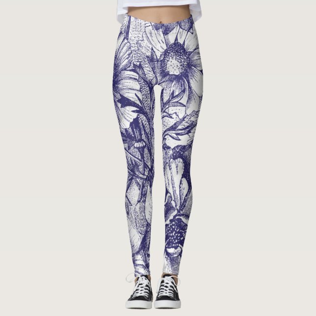Blue sketch style flower pattern leggings (Front)