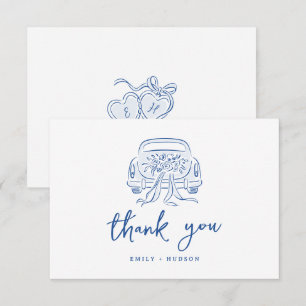 Blue Sketched Just Married Car Couples Monogram Thank You Card