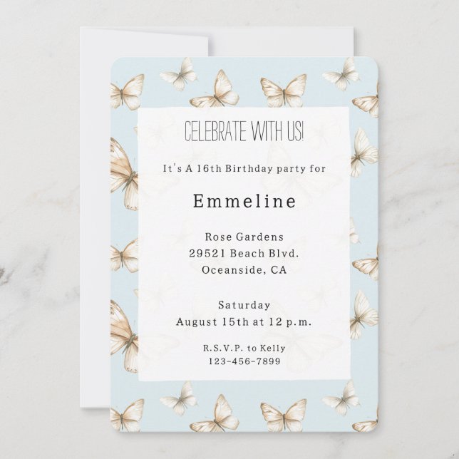 Blue Skies & Butterflies Birthday Invitation (Front)