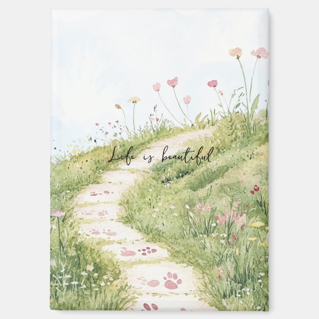Blue Skies Grass Path Pink Flowers Magnet (Front)