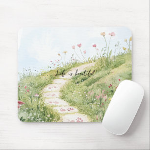 Blue Skies Grass Path Pink Flowers Mouse Pad