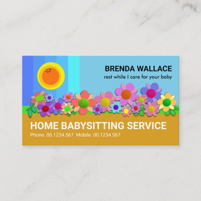 Blue Skies Happy Sun Colourful Flowers Babysitting Business Card (Front)