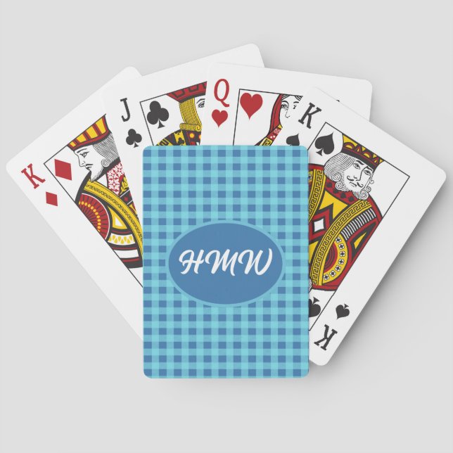 Blue Skies Plaid: Custom Monogram Playing Cards (Back)