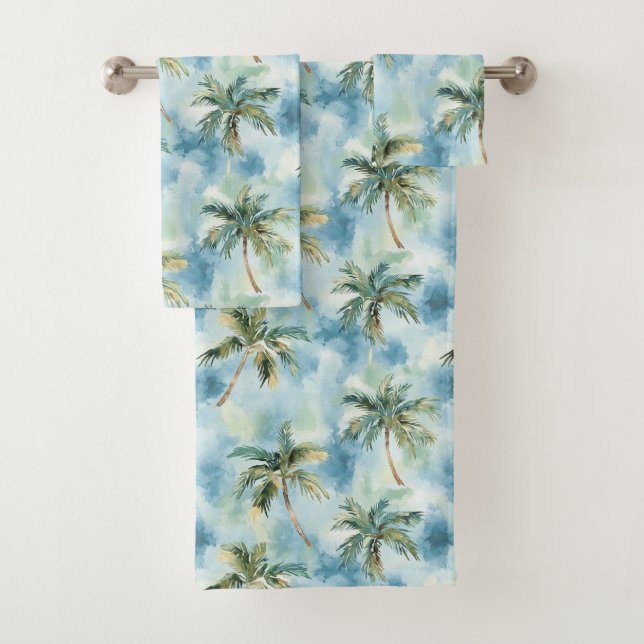 Blue Skies Tropical Island Palm Trees   Bath Towel Set (Insitu)