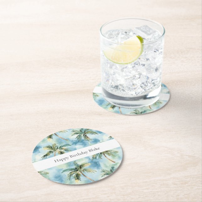 Blue Skies Tropical Island Palm Trees Birthday Round Paper Coaster (Insitu)