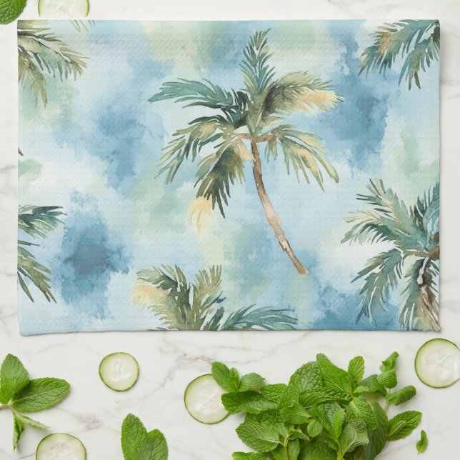 Blue Skies Tropical Island Palm Trees   Tea Towel (Folded)