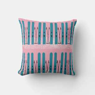 Blue skis on pink throw pillow