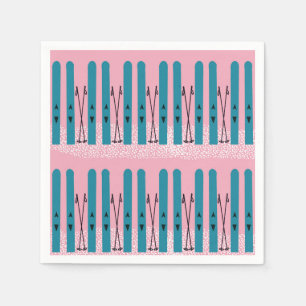 Blue skis on snow & pink background napkin