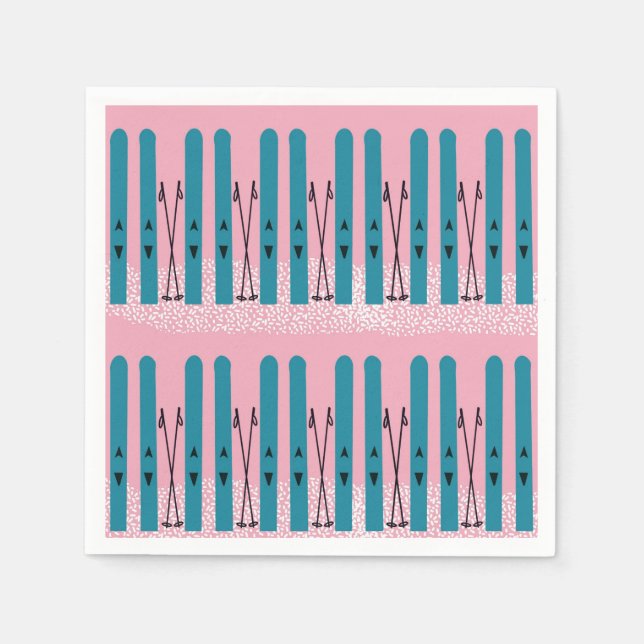 Blue skis on snow & pink background napkin (Front)