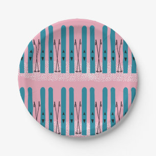 Blue skis on snow & pink background paper plate