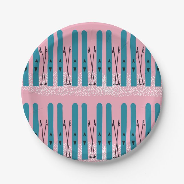 Blue skis on snow & pink background paper plate (Front)