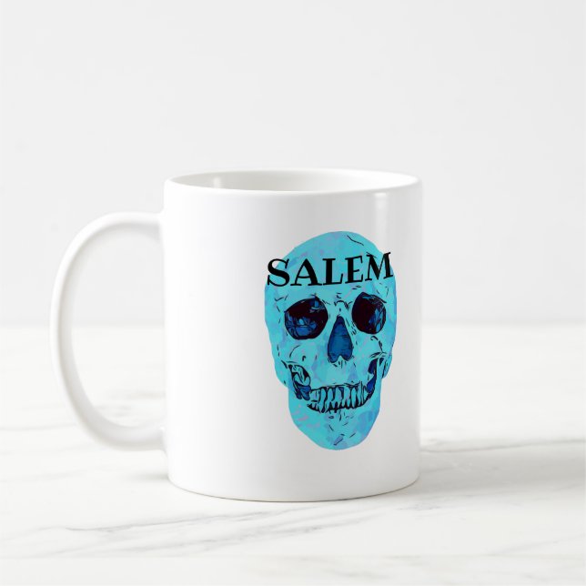 Blue Skull Coffee Mug, Salem Massachusetts Mug (Left)