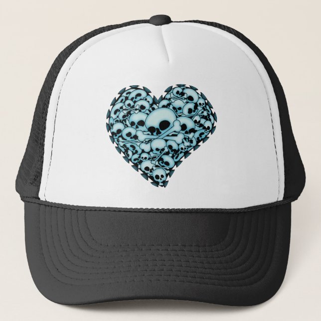 Blue Skull Heart Trucker Hat (Front)