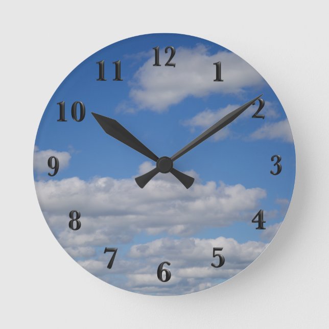 Blue Sky and Clouds - Black Numbers Round Clock (Front)
