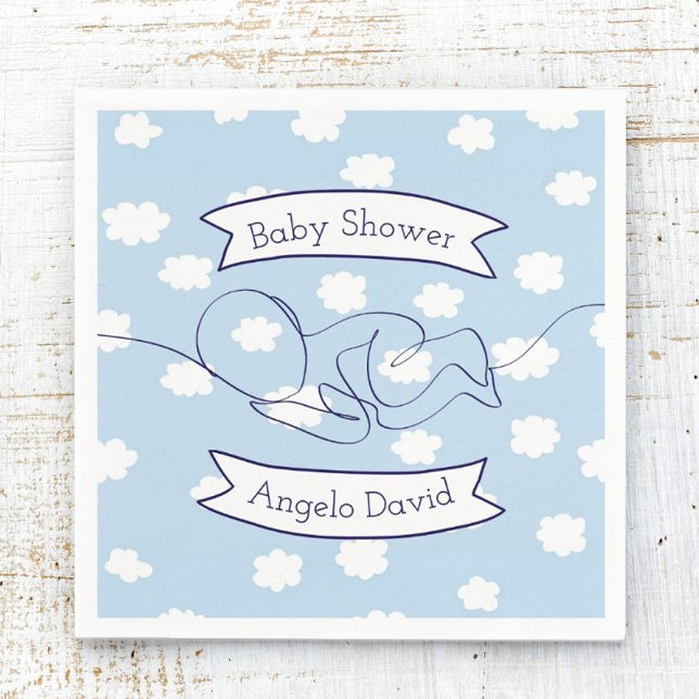 Blue Sky and Clouds Boy Baby Shower Napkin (Baby Shower Napkin Sleeping Baby Line Art)