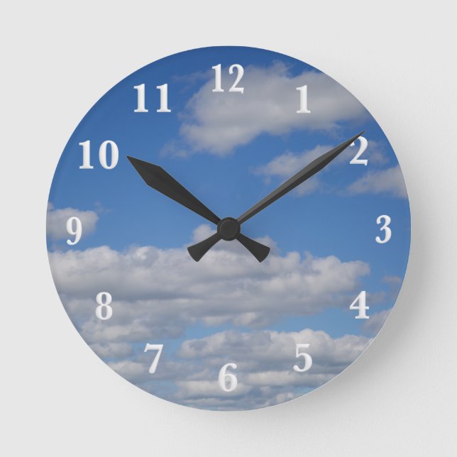 Blue Sky and Clouds - White Numbers Round Clock (Front)