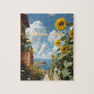Blue sky and Sunflowers Path to the Sea Art Jigsaw Puzzle