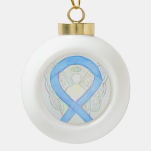 Blue Sky Awareness Ribbon Guardian Angel Ceramic Ball Christmas Ornament