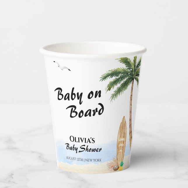 Blue Sky Baby On Board Beach Surf Baby Shower  Paper Cups (Front)