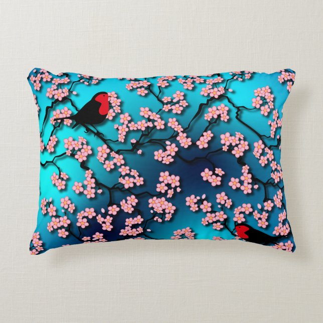 Blue Sky Bird Cherry Blossom Decorative Cushion (Front)