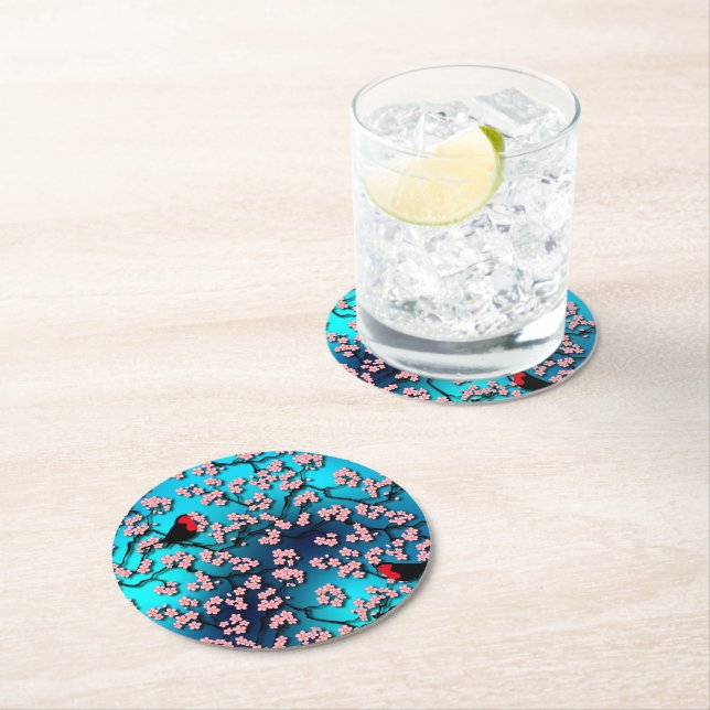 Blue Sky Bird Cherry Blossom Round Paper Coaster (Insitu)