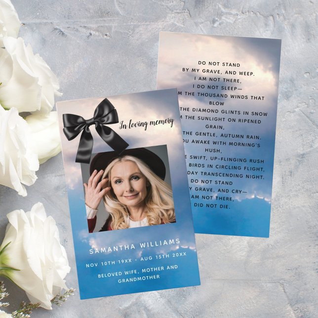 Blue sky black bow photo funeral prayer card (Creator Uploaded)
