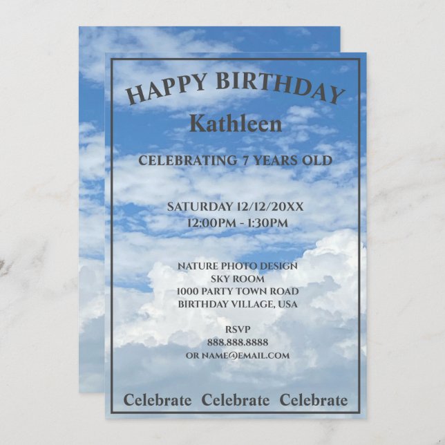 BLUE SKY CLOUDS PHOTO HAPPY BIRTHDAY INVITATION (Front/Back)