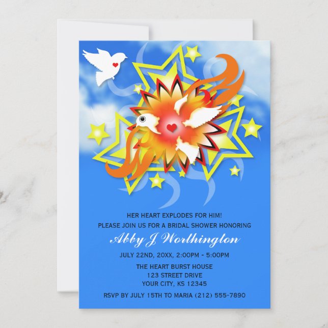 Blue Sky Exploding Birds Bridal Shower Invitations (Front)