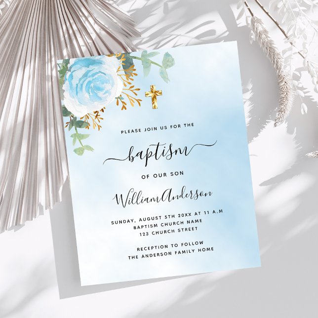 Blue sky floral eucalyptus boy baptism invitation (Creator Uploaded)
