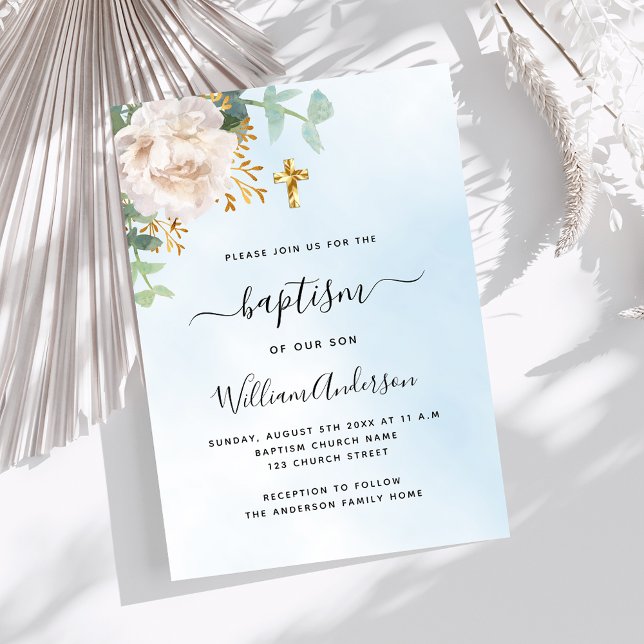 Blue sky floral eucalyptus boy cross baptism invitation (Creator Uploaded)