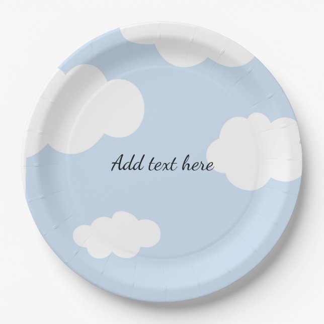 Blue Sky, Fluffy White Clouds Template Paper Plate (Front)
