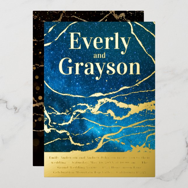 Blue Sky Galaxy Agate Marble Gold Wedding     (Front/Back)