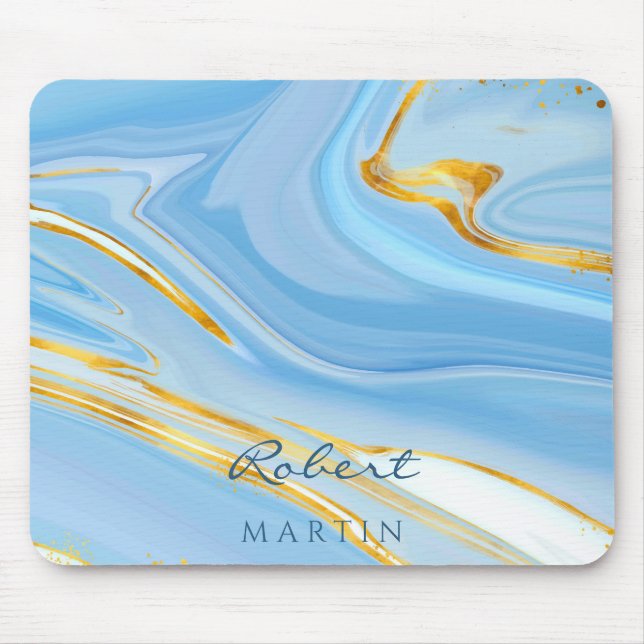Blue Sky Gold Glitter Marble Customisable Mouse Pad (Front)
