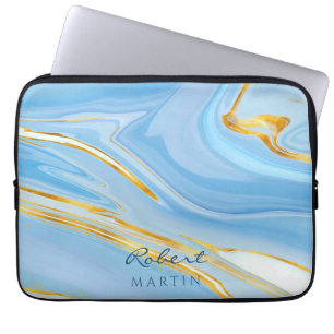 Blue Sky Gold Glitter Marble Customizable Laptop Sleeve