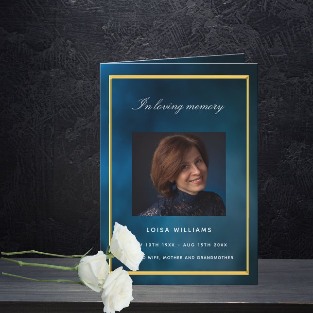 Blue sky gold photo funeral program card (Creator Uploaded)