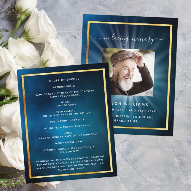 Blue sky gold star photo funeral program (Creator Uploaded)