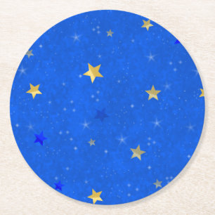 Blue Sky Golden Stars Round Paper Coaster