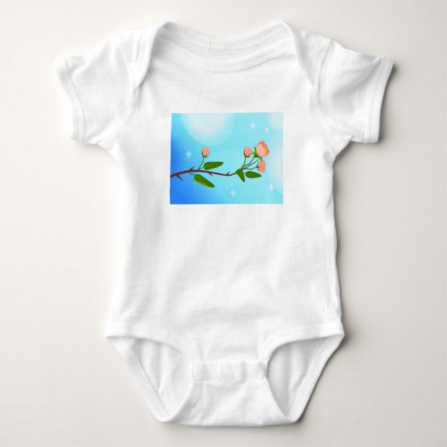 Blue sky gradient with blooming spring branch  baby bodysuit (Front)