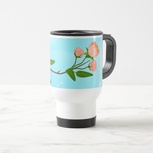 Blue sky gradient with blooming spring branch  travel mug (Front Right)