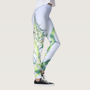 Blue Sky Green Plant Leaves Purple Flowers Leggings