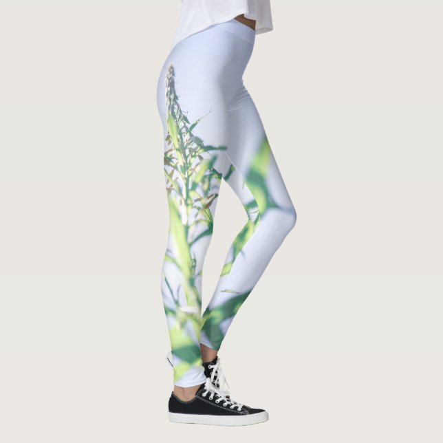 Blue Sky Green Plant Leaves Purple Flowers Leggings (Right)