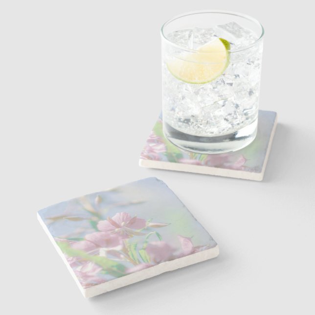Blue Sky Green Plant Leaves Purple Flowers Stone Coaster (Side)